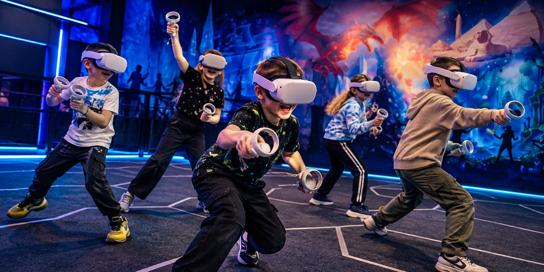 Участники командной VR-игры в шлемах виртуальной реальности