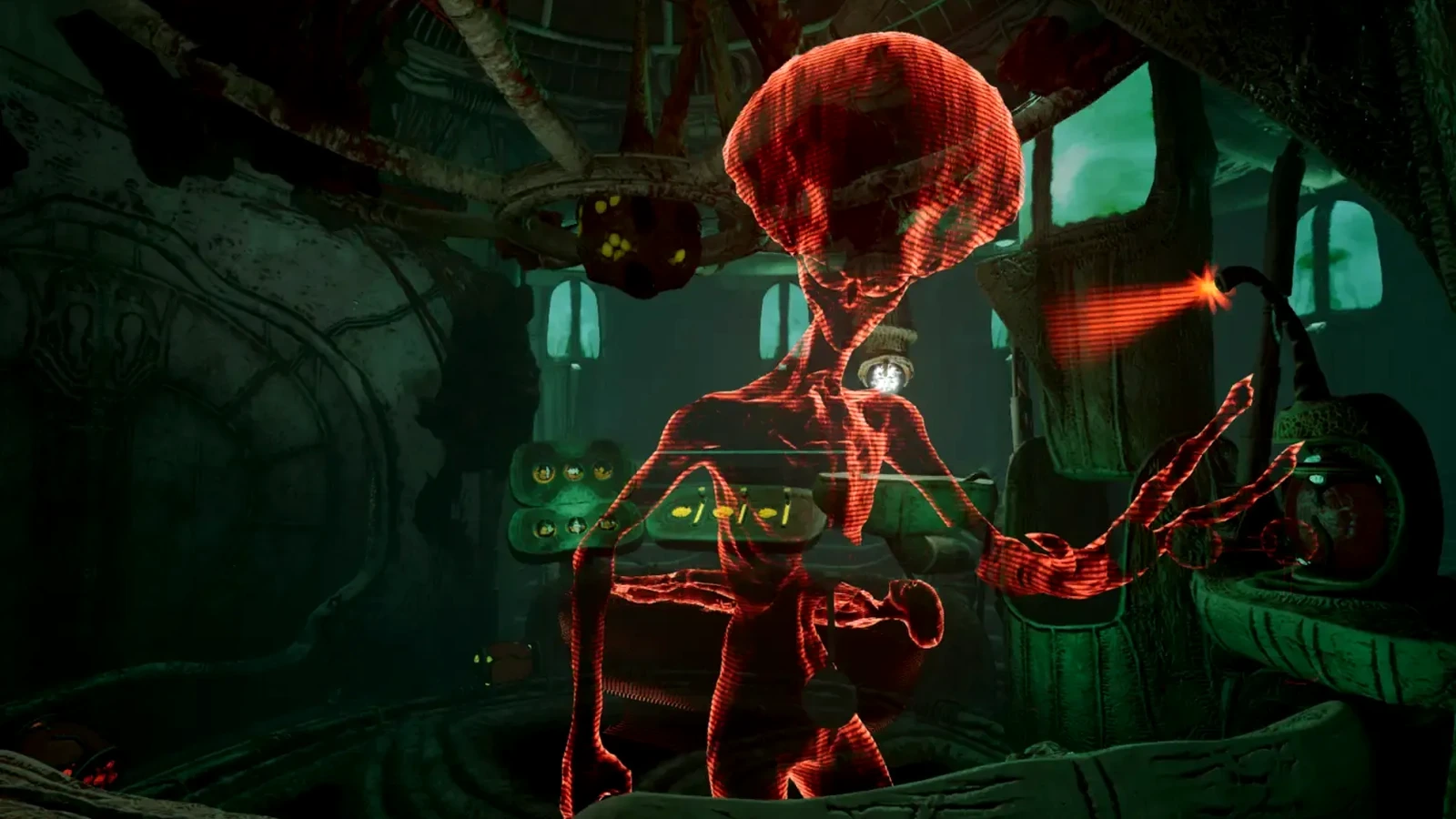 Реальный кадр VR-квеста «Инопланетная зараза»: инопланетная лаборатория и красная голограмма пришельца